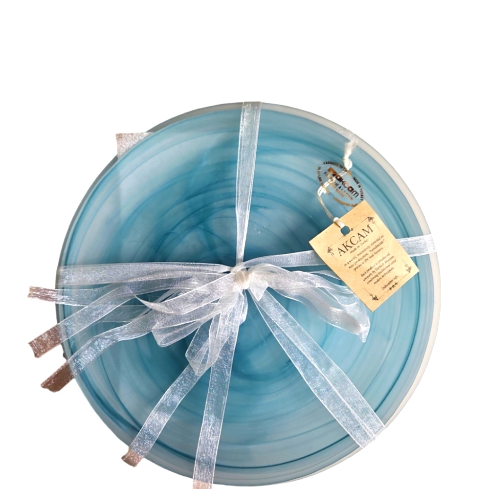 AKCAM TURKISH Glass handmade blue swirl 8" plates set of 4